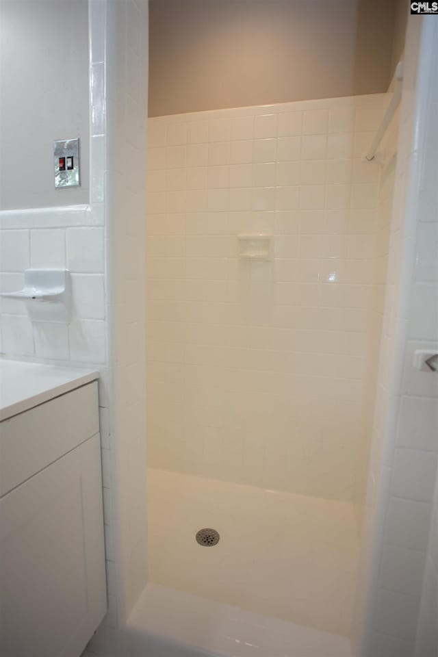 320 Perkins Ln, Camden, SC 29020 - bathroom featuring tiled shower, vanity, and tile walls