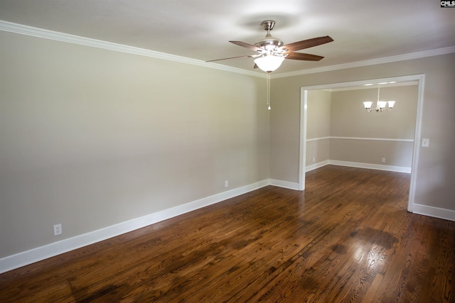 320 Perkins Ln, Camden, SC 29020 - spare room featuring a chandelier, a ceiling fan, dark wood-type flooring, and crown molding