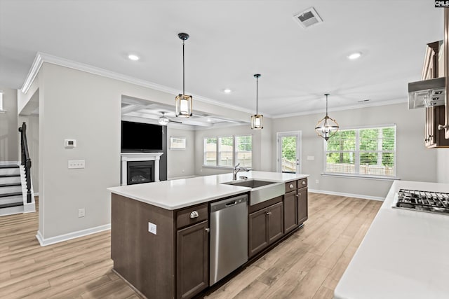 478 Harbour Pointe Dr, Columbia, SC 29229 - kitchen featuring stainless steel appliances, dark brown cabinetry, light wood-style floors, light countertops, and a kitchen island with sink