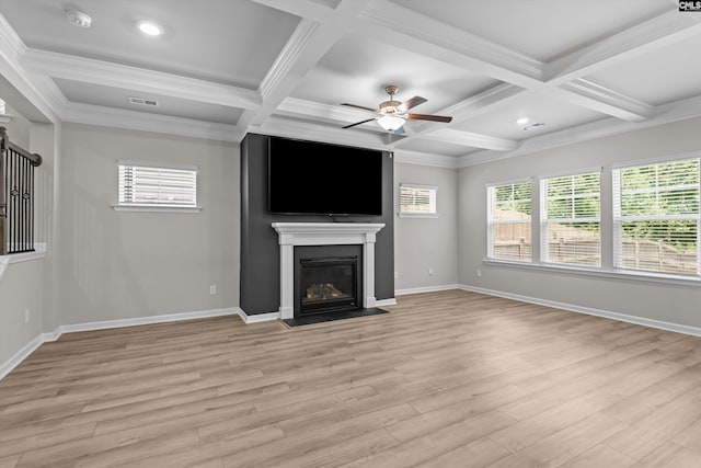 478 Harbour Pointe Dr, Columbia, SC 29229 - unfurnished living room featuring coffered ceiling, ceiling fan, light wood-type flooring, a large fireplace, and beamed ceiling