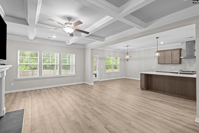 478 Harbour Pointe Dr, Columbia, SC 29229 - unfurnished living room featuring ceiling fan, light wood finished floors, beamed ceiling, coffered ceiling, and crown molding