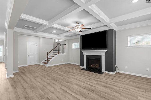 478 Harbour Pointe Dr, Columbia, SC 29229 - unfurnished living room featuring stairs, beamed ceiling, a ceiling fan, a fireplace with flush hearth, and coffered ceiling