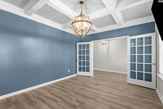 478 Harbour Pointe Dr, Columbia, SC 29229 - spare room featuring a chandelier, coffered ceiling, french doors, wood finished floors, and beam ceiling