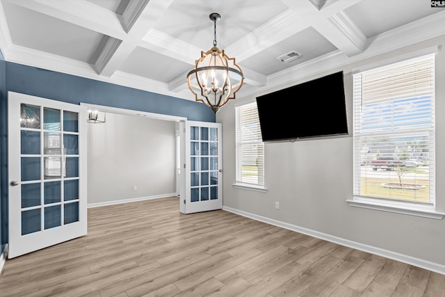478 Harbour Pointe Dr, Columbia, SC 29229 - empty room with a chandelier, coffered ceiling, light wood-type flooring, beamed ceiling, and ornamental molding