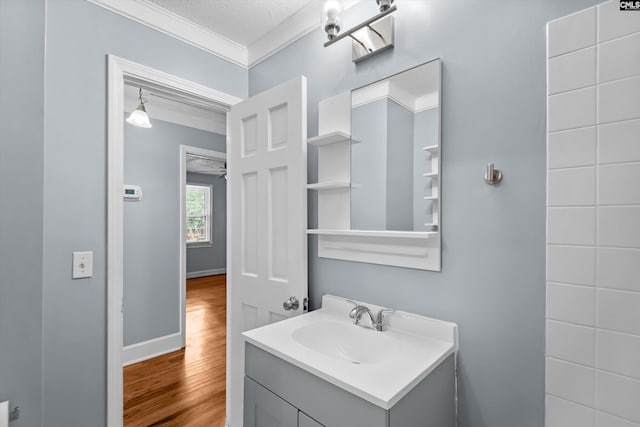 231 Horseshoe Cir, Columbia, SC 29223 - bathroom featuring ornamental molding, vanity, wood finished floors, ceiling fan, and a textured ceiling