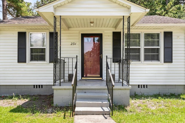 231 Horseshoe Cir, Columbia, SC 29223 - doorway to property featuring roof with shingles and crawl space