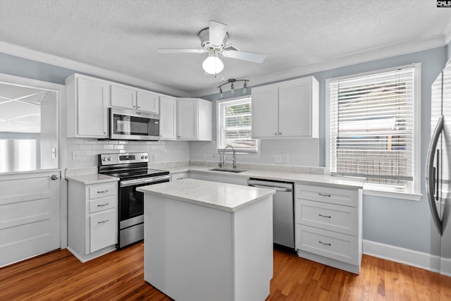 231 Horseshoe Cir, Columbia, SC 29223 - kitchen with stainless steel appliances, a ceiling fan, white cabinetry, wood finished floors, and decorative backsplash