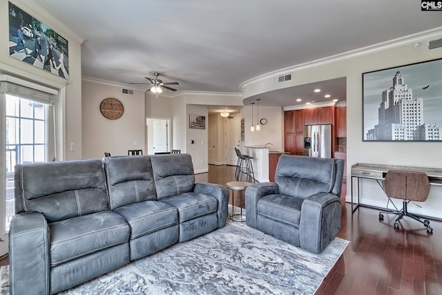 601 Main St Unit 518, Columbia, SC 29201 - living area with a ceiling fan, dark wood finished floors, and crown molding