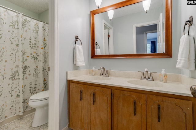 9628 Highgate Rd, Columbia, SC 29223 - full bath with double vanity, a textured ceiling, tile patterned flooring, and a shower with curtain