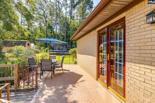 9628 Highgate Rd, Columbia, SC 29223 - view of patio / terrace with a trampoline, outdoor dining area, french doors, and view of scattered trees