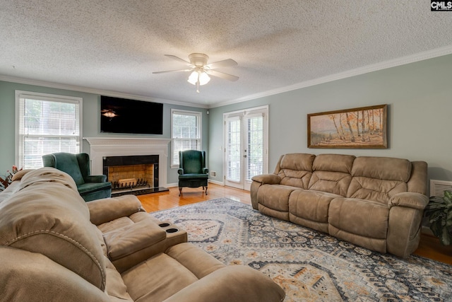9628 Highgate Rd, Columbia, SC 29223 - living room featuring light wood-style flooring, ornamental molding, a ceiling fan, healthy amount of natural light, and a fireplace with raised hearth