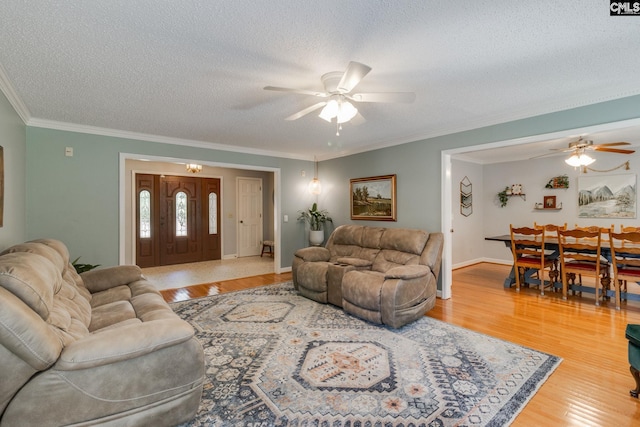 9628 Highgate Rd, Columbia, SC 29223 - living area featuring ceiling fan, a textured ceiling, light wood-type flooring, and crown molding