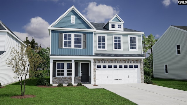 2095 County Line Trl, Elgin, SC 29045 - view of front facade with stone siding, driveway, a front yard, and an attached garage