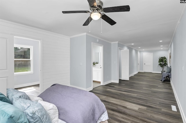 3619 Hanson Ave, Columbia, SC 29204 - bedroom with crown molding, dark wood finished floors, connected bathroom, recessed lighting, and ceiling fan