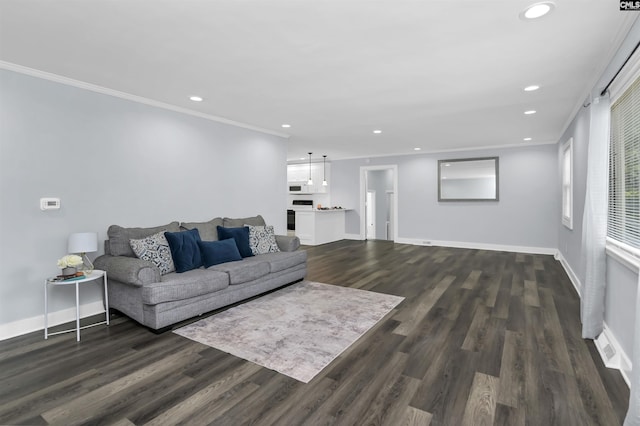 3619 Hanson Ave, Columbia, SC 29204 - living area with crown molding, dark wood-type flooring, and recessed lighting