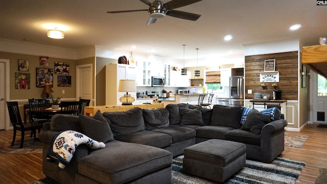 2367 Mount Pilgrim Church Rd, Prosperity, SC 29127 - living room featuring wood finished floors, ceiling fan, and recessed lighting