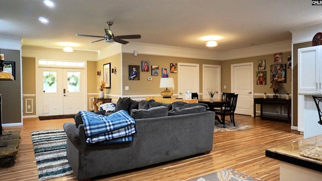 2367 Mount Pilgrim Church Rd, Prosperity, SC 29127 - living room featuring crown molding, light wood-style flooring, a ceiling fan, and recessed lighting