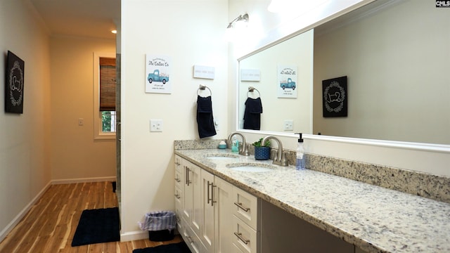 2367 Mount Pilgrim Church Rd, Prosperity, SC 29127 - bathroom featuring double vanity, wood finished floors, ornamental molding, and recessed lighting