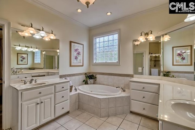 426 Turkey Point Cir, Columbia, SC 29223 - full bathroom featuring tile patterned floors, two vanities, a garden tub, crown molding, and a shower stall