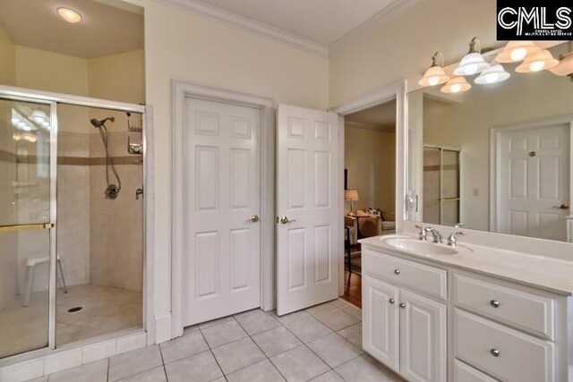 426 Turkey Point Cir, Columbia, SC 29223 - bathroom featuring crown molding, tile patterned floors, vanity, and a shower stall