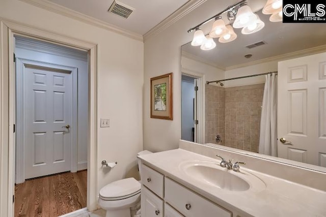 426 Turkey Point Cir, Columbia, SC 29223 - bathroom with vanity, curtained shower, ornamental molding, and wood finished floors