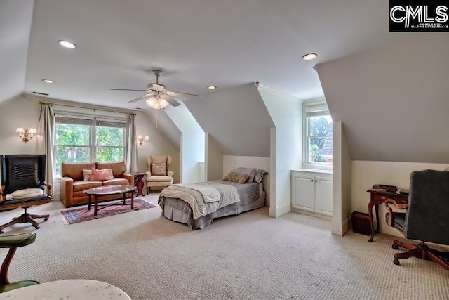 426 Turkey Point Cir, Columbia, SC 29223 - bedroom with lofted ceiling, light carpet, recessed lighting, and a ceiling fan