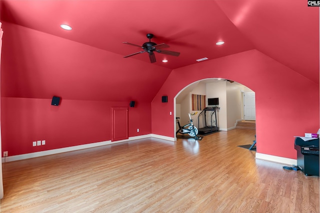 132 Alston Cir, Lexington, SC 29072 - additional living space with arched walkways, ceiling fan, wood finished floors, vaulted ceiling, and recessed lighting