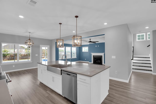 4040 Summerland Way, Elgin, SC 29045 - kitchen with dishwasher, open floor plan, dark wood-style flooring, recessed lighting, and a chandelier