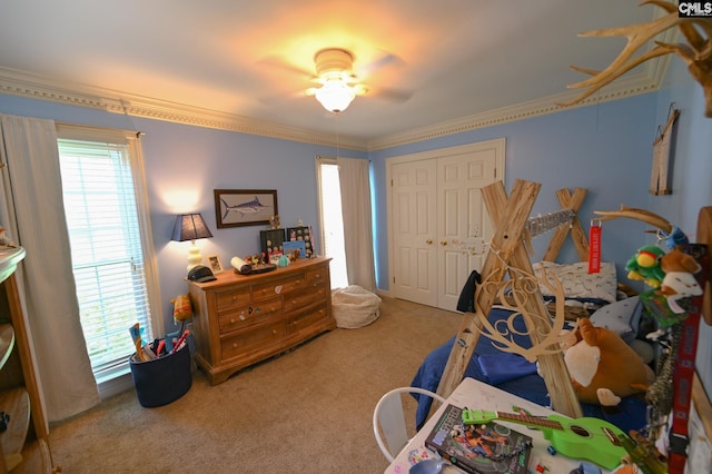 77 Olde Springs Rd, Columbia, SC 29223 - carpeted bedroom with a closet, ornamental molding, and a ceiling fan