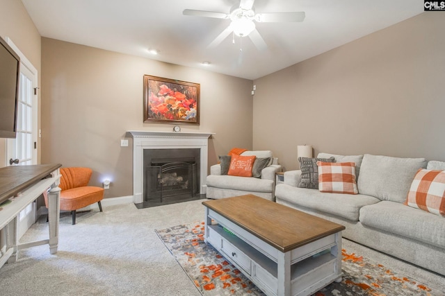 487 Marsh Pointe Dr, Columbia, SC 29229 - living room featuring a ceiling fan, carpet, and a fireplace with flush hearth