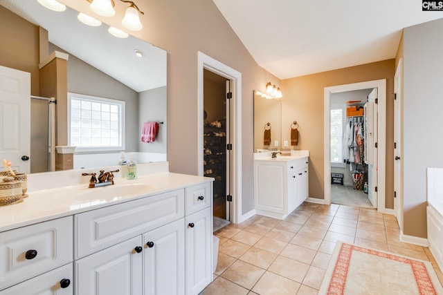 487 Marsh Pointe Dr, Columbia, SC 29229 - bathroom with vaulted ceiling, a spacious closet, a stall shower, two vanities, and healthy amount of natural light