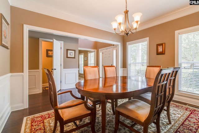 487 Marsh Pointe Dr, Columbia, SC 29229 - dining space featuring a chandelier, dark wood-style floors, crown molding, and a wainscoted wall