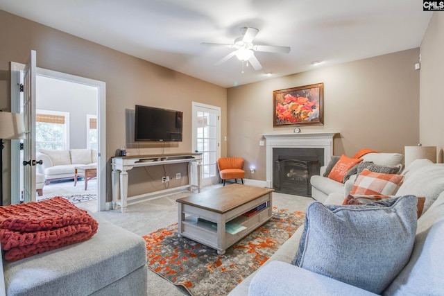 487 Marsh Pointe Dr, Columbia, SC 29229 - living room featuring carpet flooring, ceiling fan, healthy amount of natural light, and a fireplace