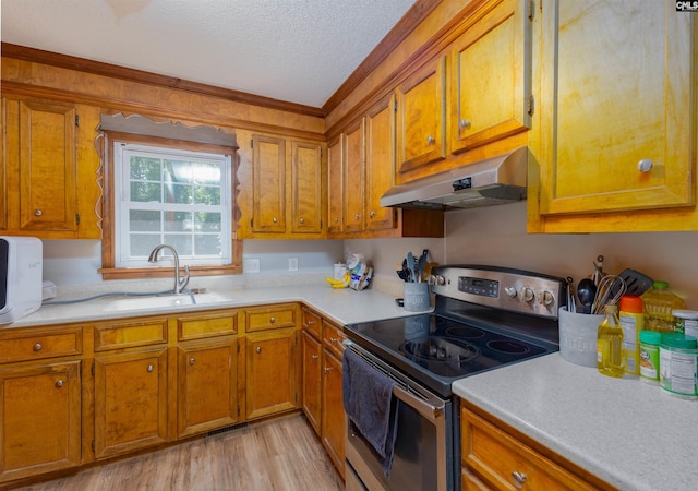 131 Firebranch St, Columbia, SC 29212 - kitchen with electric stove, range hood, light countertops, brown cabinets, and a textured ceiling