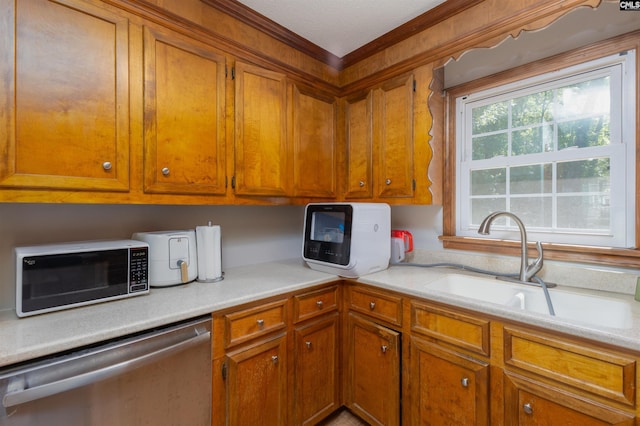 131 Firebranch St, Columbia, SC 29212 - kitchen featuring stainless steel dishwasher, brown cabinets, light countertops, and crown molding