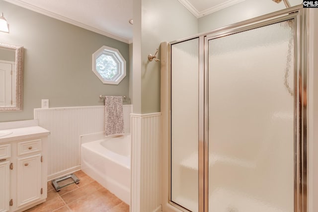 112 Pebble Place Ct, Lexington, SC 29072 - full bath with a shower stall, vanity, crown molding, a bath, and wainscoting
