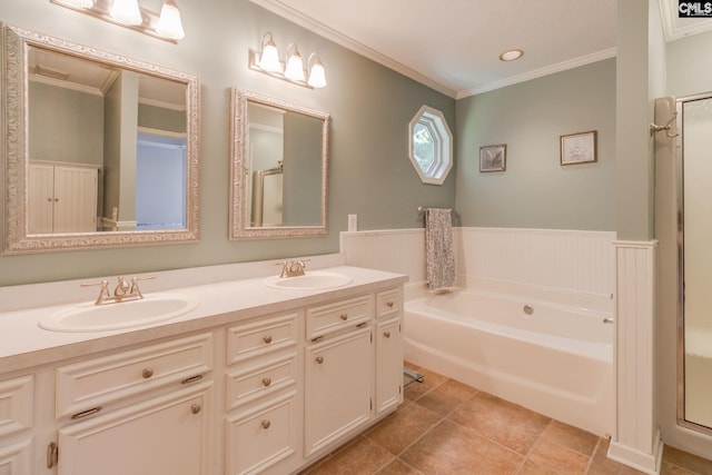 112 Pebble Place Ct, Lexington, SC 29072 - bathroom with crown molding, a bath, a shower stall, double vanity, and tile patterned floors