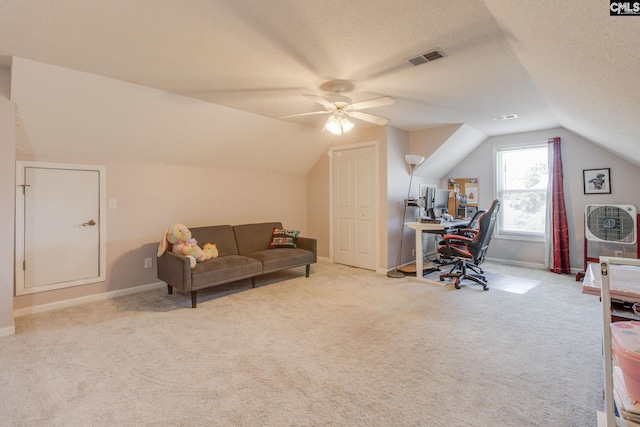 112 Pebble Place Ct, Lexington, SC 29072 - carpeted home office with lofted ceiling, a ceiling fan, and a textured ceiling
