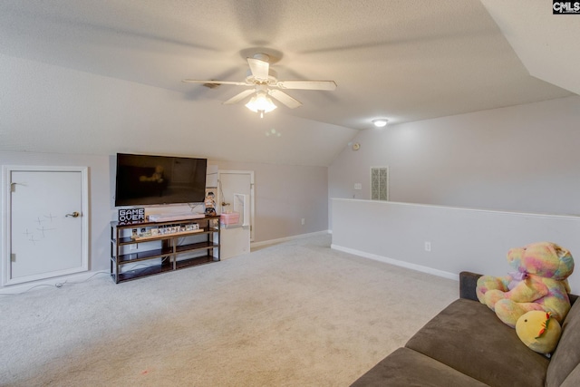 112 Pebble Place Ct, Lexington, SC 29072 - carpeted living room featuring vaulted ceiling, ceiling fan, and a textured ceiling