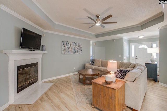 112 Pebble Place Ct, Lexington, SC 29072 - living room with a raised ceiling, ceiling fan, light wood-style flooring, ornamental molding, and a fireplace