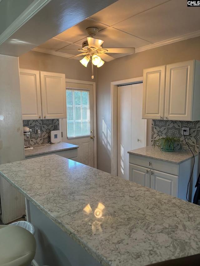 2324 Morningside Dr, West Columbia, SC 29169 - kitchen featuring white cabinetry, tasteful backsplash, a ceiling fan, light stone countertops, and ornamental molding