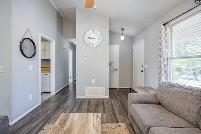 1426 B Ave, West Columbia, SC 29169 - living area with vaulted ceiling, wood finished floors, a textured ceiling, and a ceiling fan