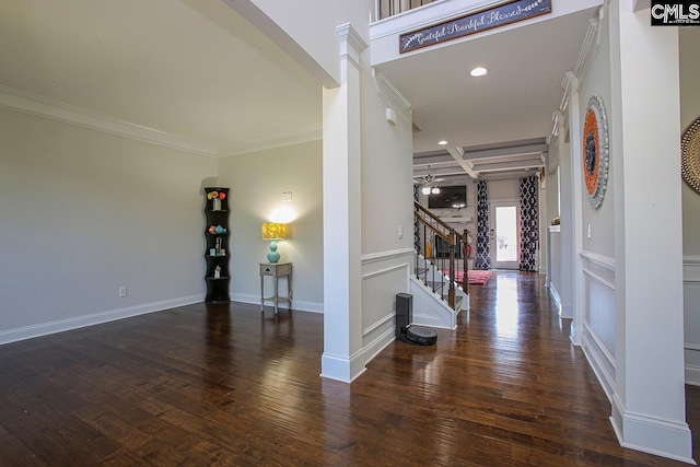 576 Maple Valley Loop, Blythewood, SC 29016 - entrance foyer with stairway, ornamental molding, ornate columns, wood finished floors, and recessed lighting