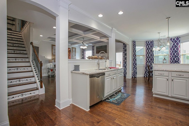 576 Maple Valley Loop, Blythewood, SC 29016 - kitchen featuring dishwasher, arched walkways, coffered ceiling, dark wood finished floors, and recessed lighting