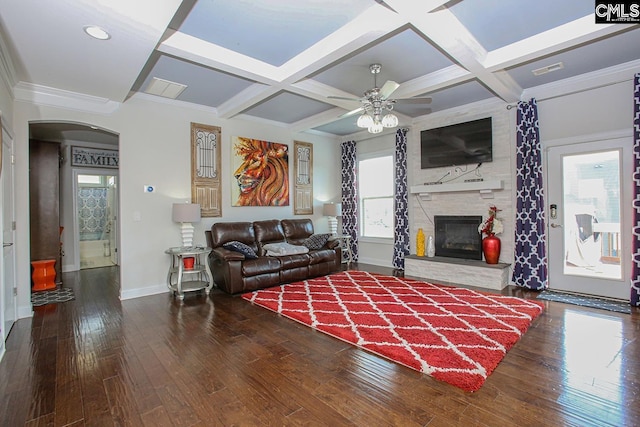576 Maple Valley Loop, Blythewood, SC 29016 - living area with arched walkways, plenty of natural light, coffered ceiling, ceiling fan, and hardwood / wood-style flooring