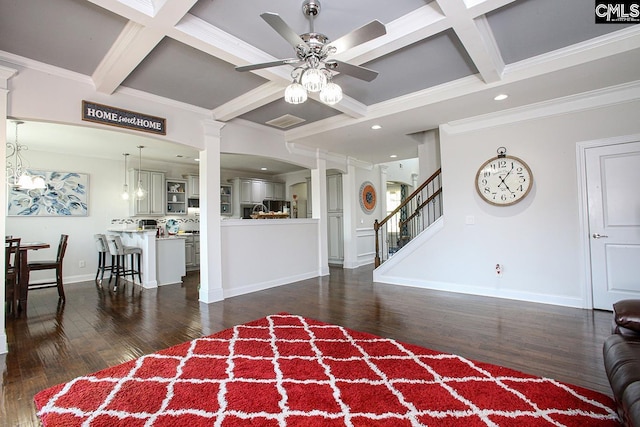 576 Maple Valley Loop, Blythewood, SC 29016 - living room featuring a ceiling fan, coffered ceiling, ornate columns, wood finished floors, and beam ceiling