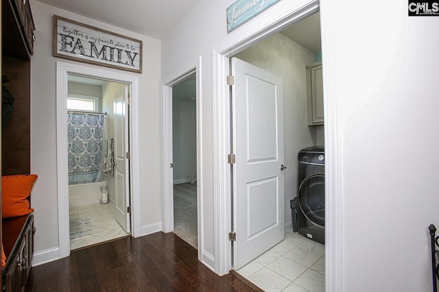 576 Maple Valley Loop, Blythewood, SC 29016 - laundry room featuring cabinet space, washer / dryer, and marble look tiles