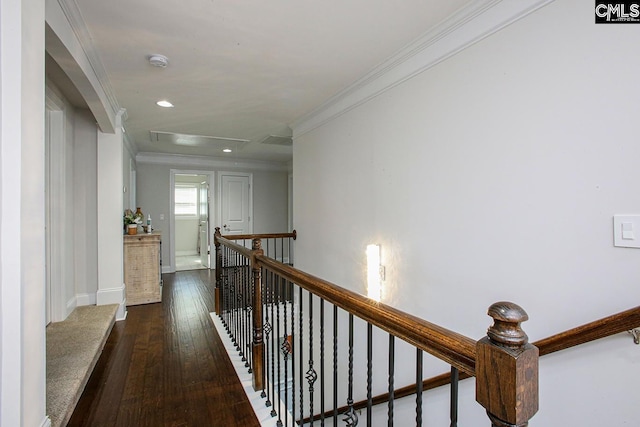 576 Maple Valley Loop, Blythewood, SC 29016 - hallway with an upstairs landing, ornamental molding, dark wood finished floors, and recessed lighting