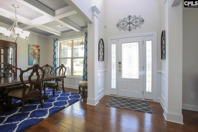 576 Maple Valley Loop, Blythewood, SC 29016 - entrance foyer featuring a chandelier, beamed ceiling, hardwood / wood-style floors, coffered ceiling, and crown molding