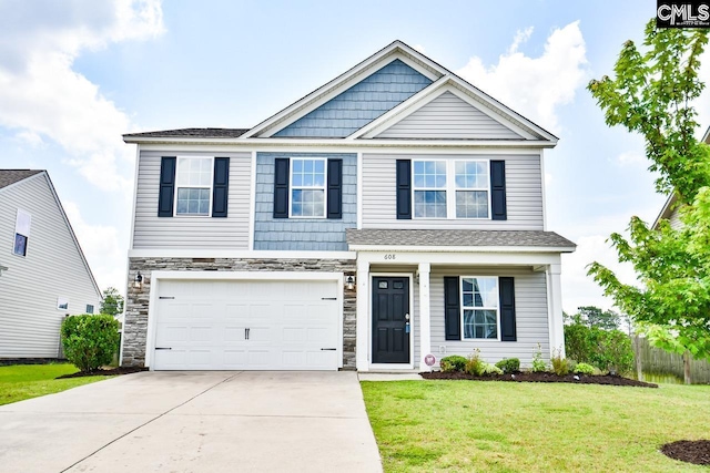 608 Cheehaw Ave, West Columbia, SC 29170 - view of front of house featuring stone siding, driveway, a front lawn, a garage, and a porch